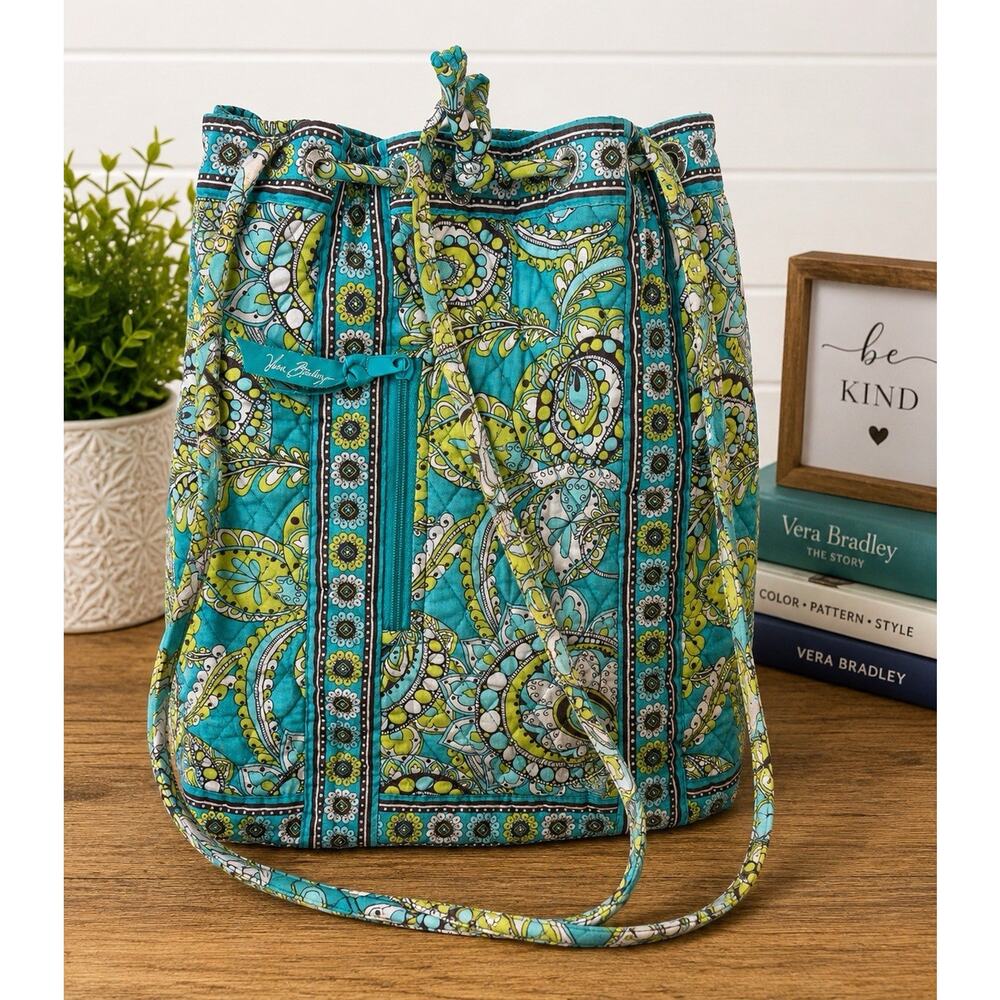 Vera Bradley Quilted Drawstring Tote Bag Turquoise Paisley Floral Shoulder Bag